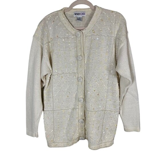 Retro Sequin Beaded Knit Sweater L Cream Neutral Grandma Classic Chic Glam Pearl - Picture 1 of 11